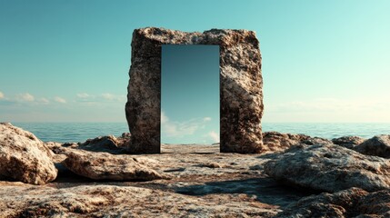 An artistic stone mirror stands boldly on rocky seashore reflecting the clear skies and calm ocean waves, symbolizing introspection and serenity.