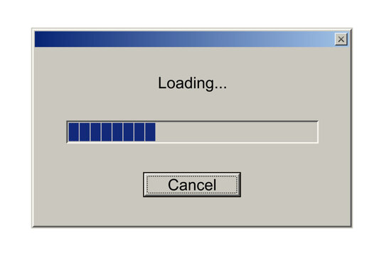 Retro interface window with download bar. Alert window on computer monitor with loading message vector illustration. Classic style of upload progress in old system user interface with button cancel