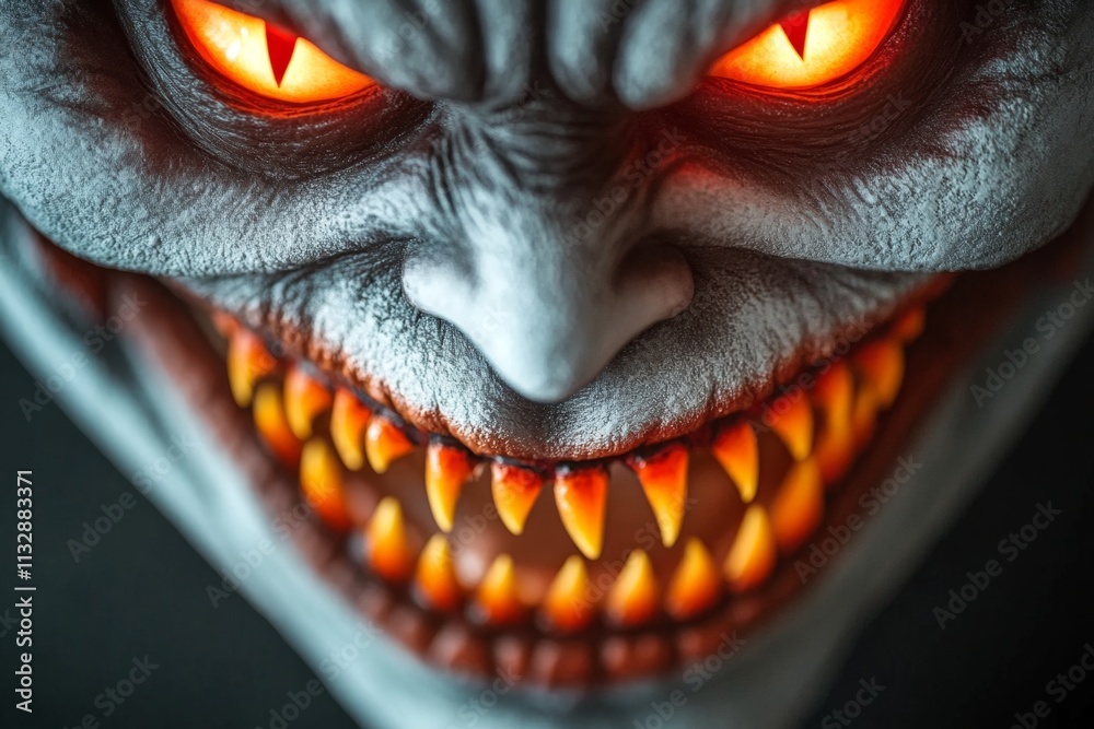 Poster a close-up of an evil grin on a face partially hidden in shadows, with glowing red eyes piercing the