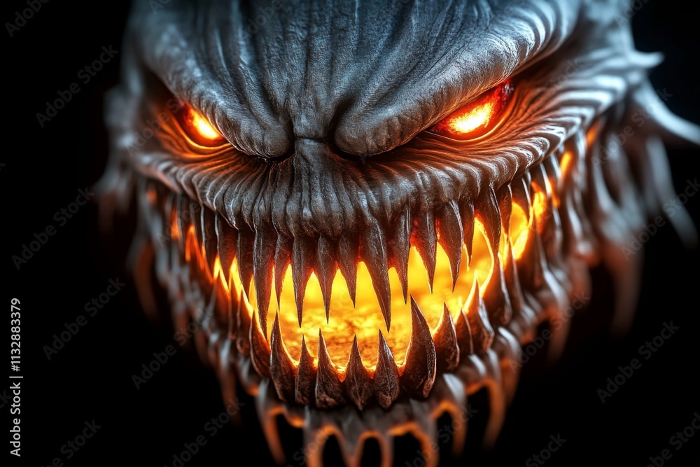Poster a close-up of an evil grin on a face partially hidden in shadows, with glowing red eyes piercing the