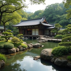 Naklejka premium Traditional Japanese Garden with Pond