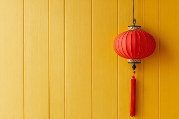 A beautiful red paper lantern placed against a textured yellow wall. Minimalist Chinese New Year theme with copy space.