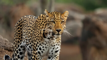 Obraz premium Leopard walking on the rock in the forest 