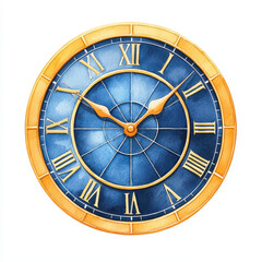 Naklejka premium Elegant watercolor clock with blue and gold tones, showcasing Roman numerals and intricate details. Perfect for decor or design