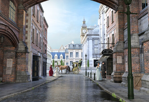 A beautiful street scene in Victorian era London of the 19th century
