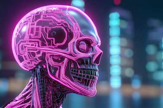 A cyberpunk-inspired vision of future human evolution, blending biological features with advanced technology in neon hues