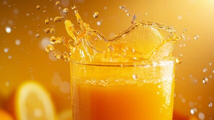 a glass of orange juice with a beautiful splash
