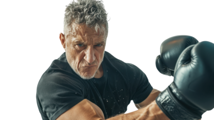Professional caucasian american middle age male boxer in gloves exercises punches on white background
