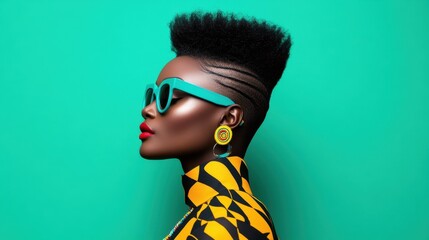 Stylish afrocentric fashion portrait with trendy geometric pattern and vibrant accessories