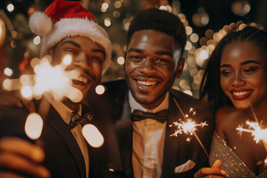Three people are smiling and holding sparklers