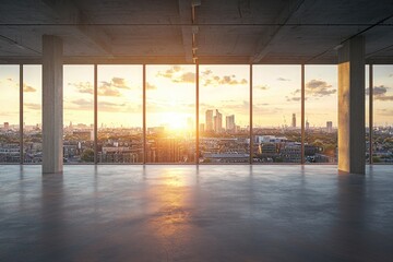 Fototapeta premium Modern empty room with large glass windows offering stunning city skyline and sunset view over urban landscape at dusk
