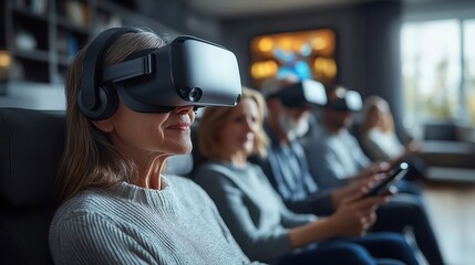 Group of seniors engaging with virtual reality in a modern living room setting