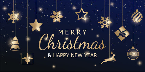 Christmas background. festive vector illustration with gold balls, light, stars and shiny confetti on a luxury dark blue backdrop. holiday vibe for card, banner, greeting, flyer, website header