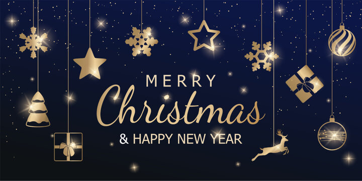 Christmas background. festive vector illustration with gold balls, light, stars and shiny confetti on a luxury dark blue backdrop. holiday vibe for card, banner, greeting, flyer, website header