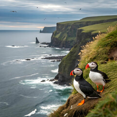 Fototapeta premium lovely couple Atlantic puffin bird or fratercula