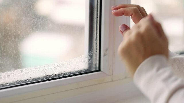 Womans hand checking cold draft from the glasses of window. Condensation on the windows glass. 4K