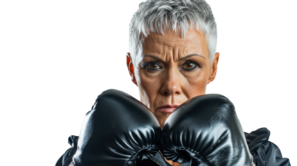 Professional caucasian american middle age female boxer in gloves exercises punches on white background
