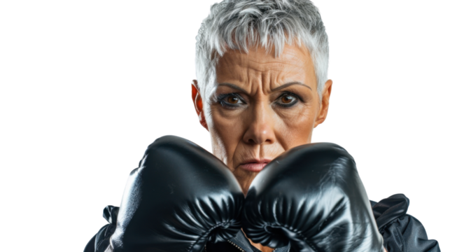 Professional caucasian american middle age female boxer in gloves exercises punches on white background
