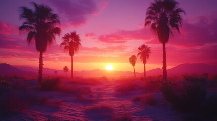 Obraz premium Serene Desert Oasis with Swaying Palm Trees and Vibrant Sunset Sky