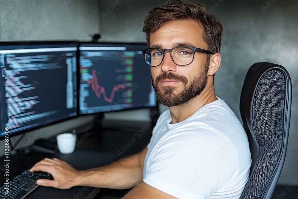 Poster A financial analyst evaluating charts and data on multiple monitors, with detailed graphs and stock trends visible