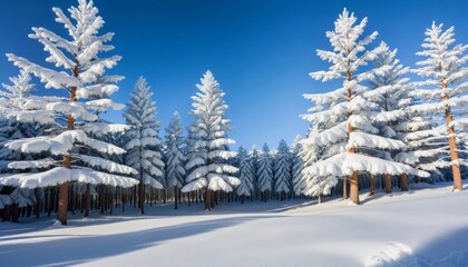 Pine trees densely covered in fresh snow, with a clear blue winter sky and sunlight casting soft shadows on the ground
