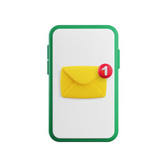 Cartoon 3d New message icon. Realistic 3d render envelope with notification sign on smartphone screen. Email incoming message notification. Cute unread mobile mail symbol. Vector illustration.