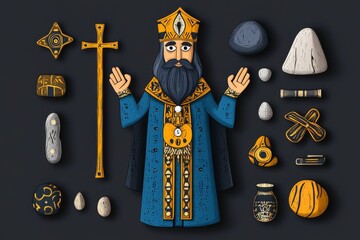 A flat 2D drawing of a priest holding an Ethiopian cross, standing in front of a rock-hewn church, surrounded by cultural symbols on white