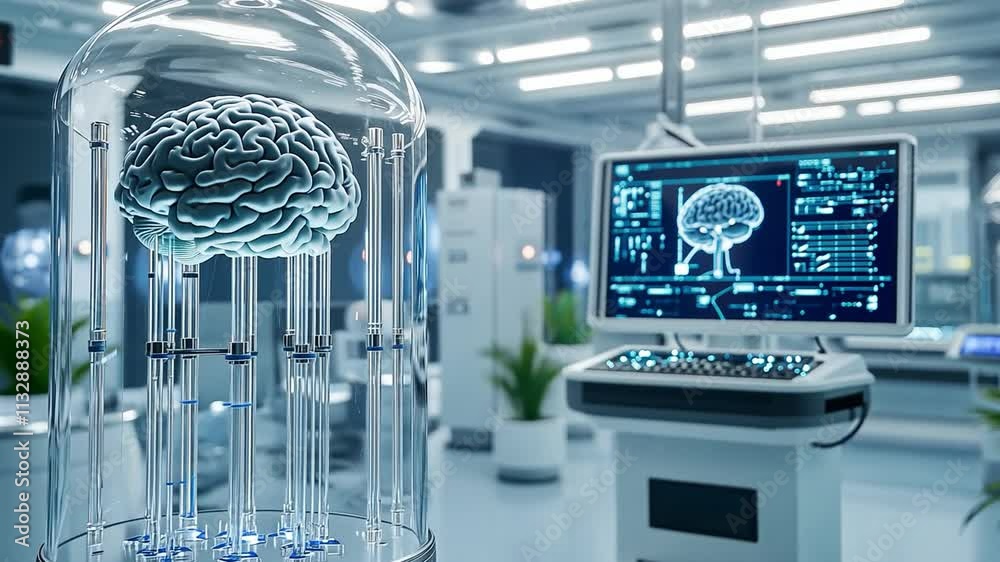 Poster biocomputer system showcasing artificial intelligence through a brain design and advanced technology