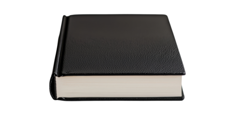 A sleek black book with a textured cover, showcasing its spine and white pages.