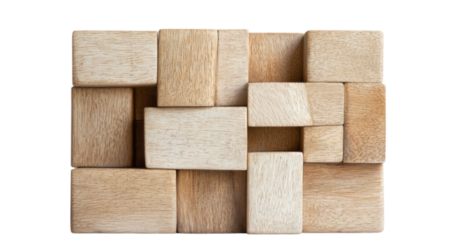 A collection of interlocking wooden blocks arranged in a visually appealing pattern.
