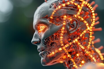 Obraz premium A futuristic depiction of human evolution continuing into advanced forms with cybernetic enhancements and glowing DNA
