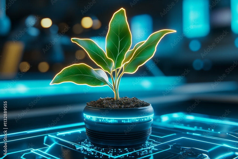 Aufkleber A futuristic visualization of eucalyptus being used in biotechnological advancements, with glowing leaves and a high-tech lab setting
