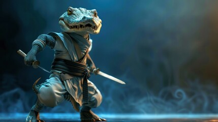 Fototapeta premium A crocodile child ninja with a black belt and shurikens, posing. dark blue background, dramatic view, copy space, 3d rendering --ar 16:9 Job ID: 89e0ff8b-4049-4927-9f87-71823d189d21