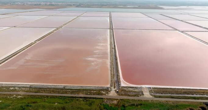 Aerial view of the Margherita di Savoia salt mines, in Puglia, Italy. They are the largest salt mines in Europe.