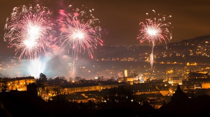 Naklejka premium A night sky filled with dazzling fireworks celebrating the New Year above a bustling city