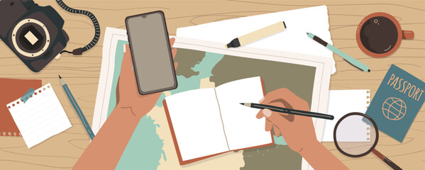 Woman planning her trip. Taking notes to notebook on map background. Finding a route on your smartphone. Top view. Vector illustration.