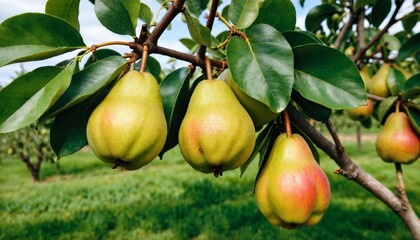 Ripe pears on a tree in an orchard. Harvest, healthy food