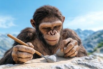 Obraz premium A hyper-realistic depiction of an early hominid carving tools from stone in a prehistoric landscape