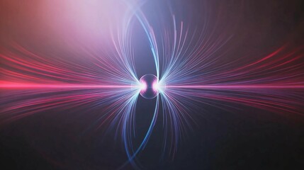 Obraz premium Abstract magnetic field visualization with glowing lines and arrows representing the flow of magnetic force around a central object in a dark, empty space.