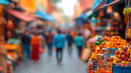 Obraz premium A vibrant market scene filled with colorful produce and shoppers, creating a lively atmosphere of commerce and culture.