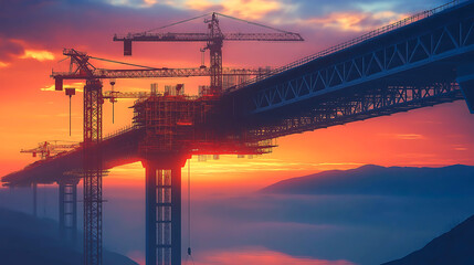 The large bridge under construction on orange and blue sky