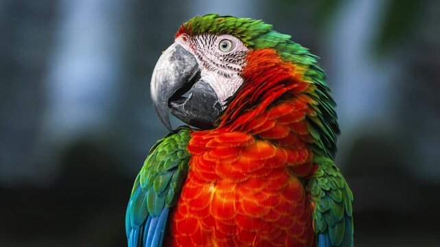 Slow Motion: Close-up of a Cute Red And Green Macaw Parrot Bird.