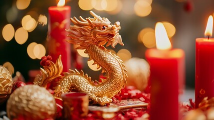 Fototapeta premium A close-up of a gold dragon figurine surrounded by red candles and traditional symbols