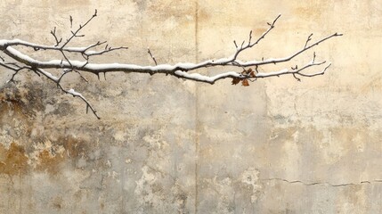 Snow-Covered Branch Against Weathered Wall