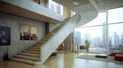 Fototapeta premium Modern Concrete Apartment Interior Staircase City View