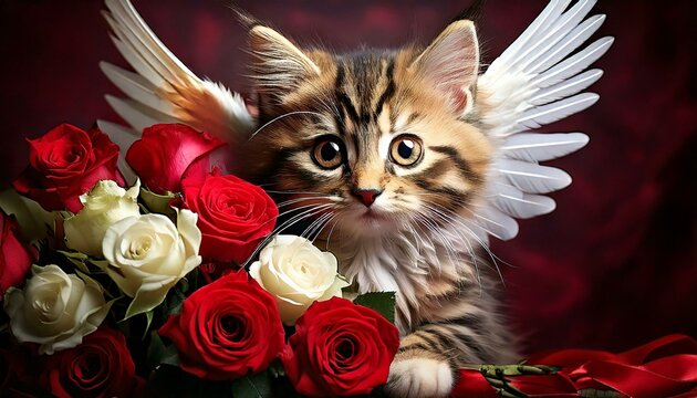 A mischievous kitten wearing a Cupid's wings, playfully hiding behind a bouquet of red and white roses