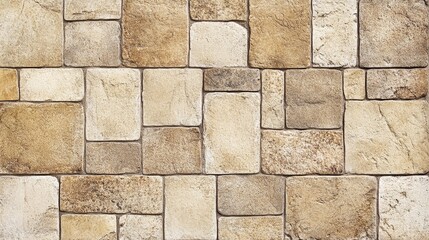 Obraz premium A textured wall made of various sizes of light-colored stones arranged in a pattern.