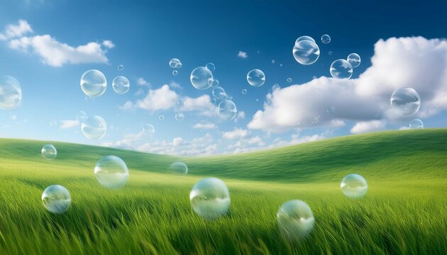 a frutiger aero style background featuring a green field with clouds and bubbles presenting a clean and modern design with an airy and whimsical aesthetic