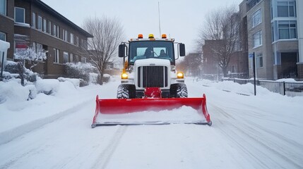 Snow-covered city street with snowplow in action