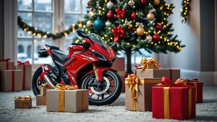 Brightly colored motorcycle surrounded by festive gifts under a beautifully decorated Christmas tree